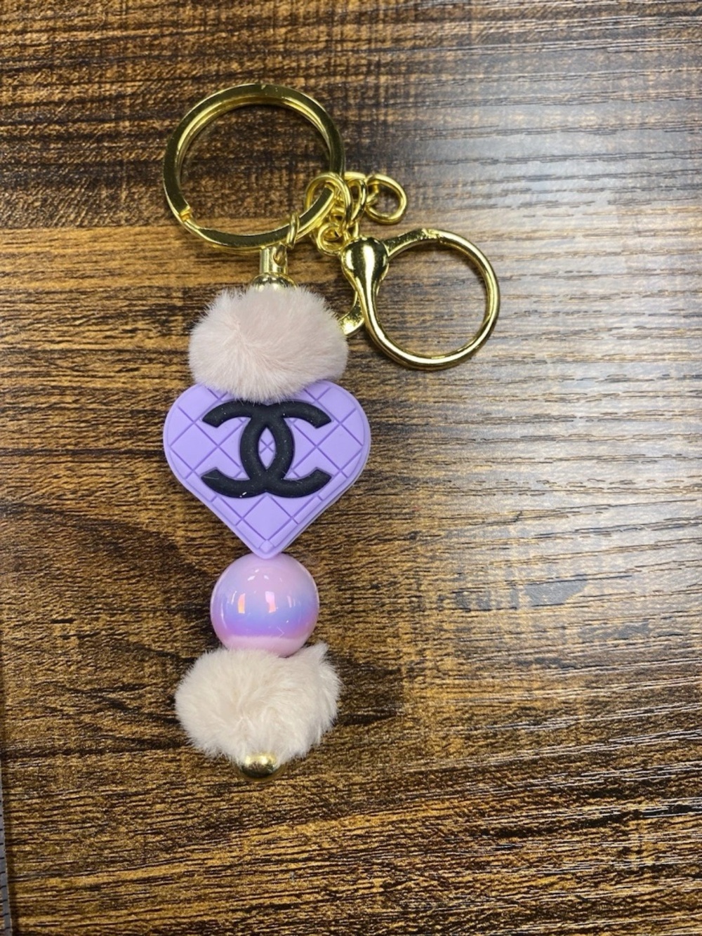 Gold Keyring with Lavender Heart Logo Charm and Pink Fur Accents